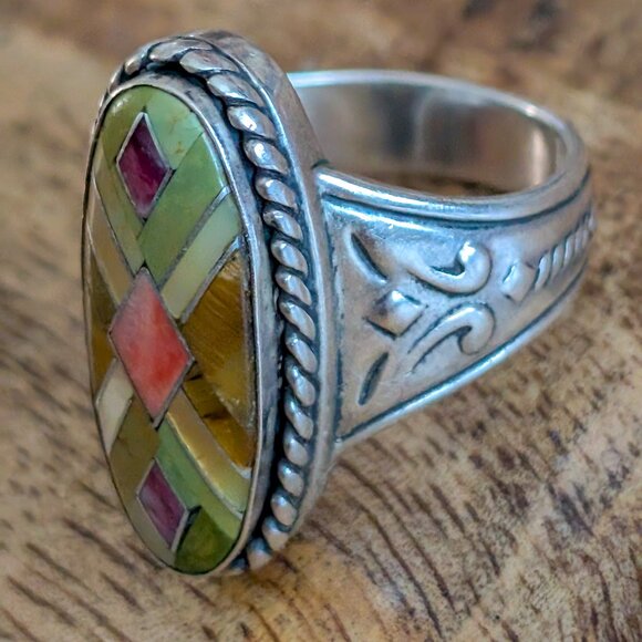 Vintage Carolyn Pollack Relios 925 Sterling Silver Oval Mosaic Inlay Ring Size 7 - Picture 2 of 6
